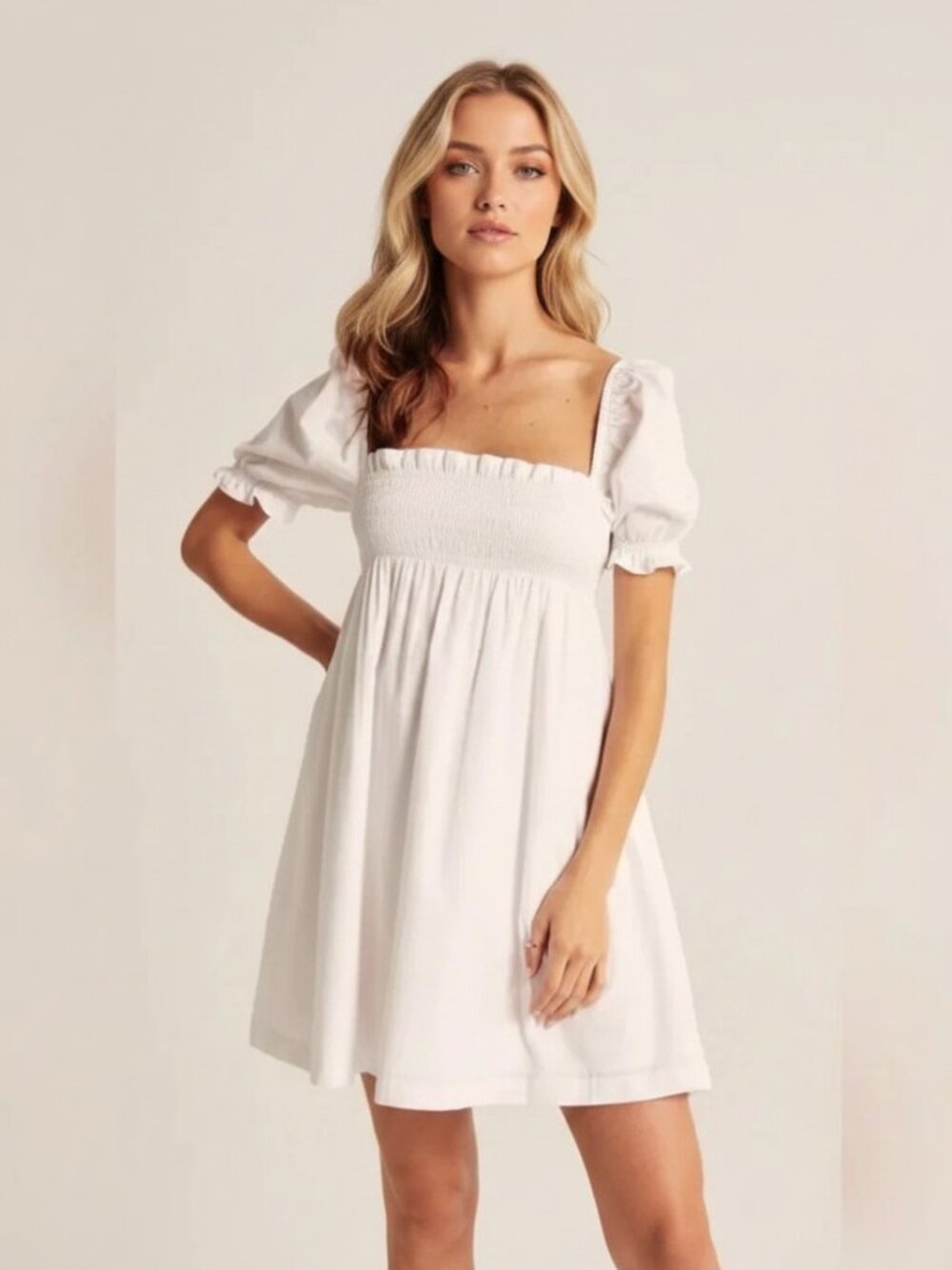 Abercrombie & Fitch Smocked Babydoll Mini Dress WHITE XS Pockets - Picture 2 of 11